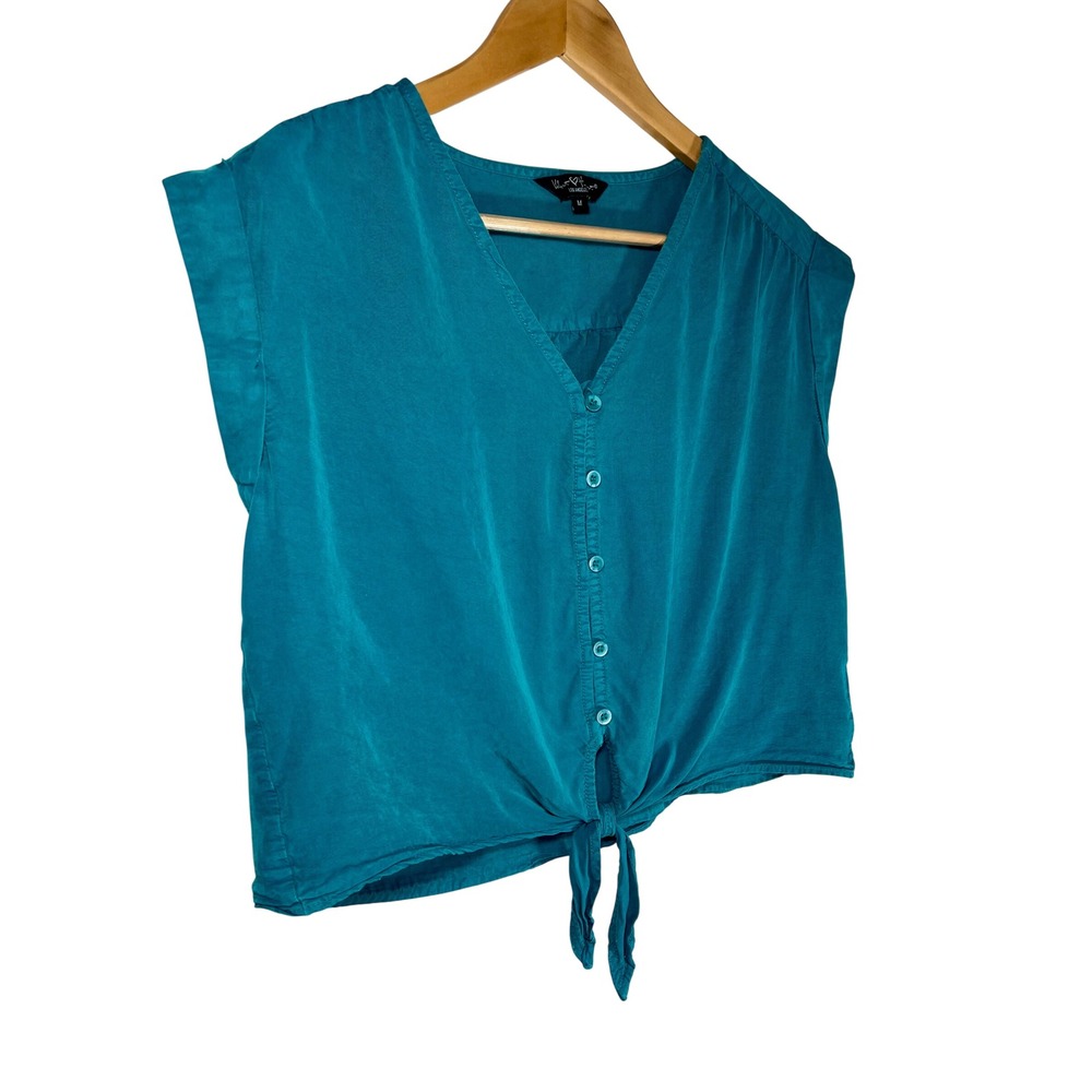 Velvet Heart Tie Front Top Tencel Women Medium Teal Blue Button Down Cap Sleeve